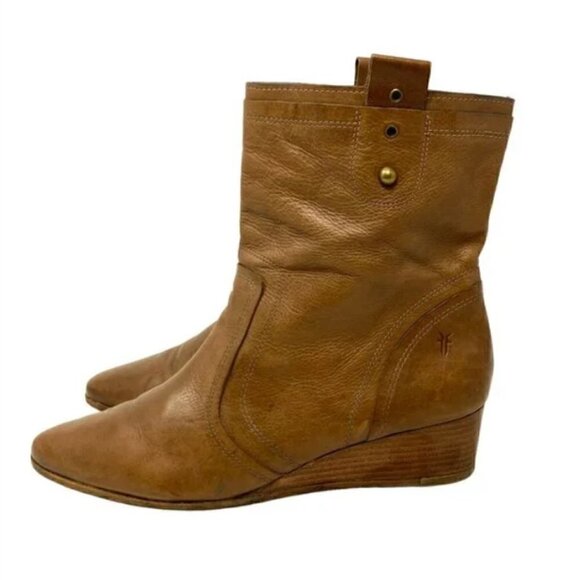 Frye Sunny Brown Leather Pull On Almond Toe Wedge Ankle Boots - Size 9 - Picture 2 of 8